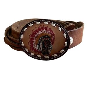 Rustic Leather Belt – Native-Inspired Embroidery & Western Buckle – Unisex Sz 36